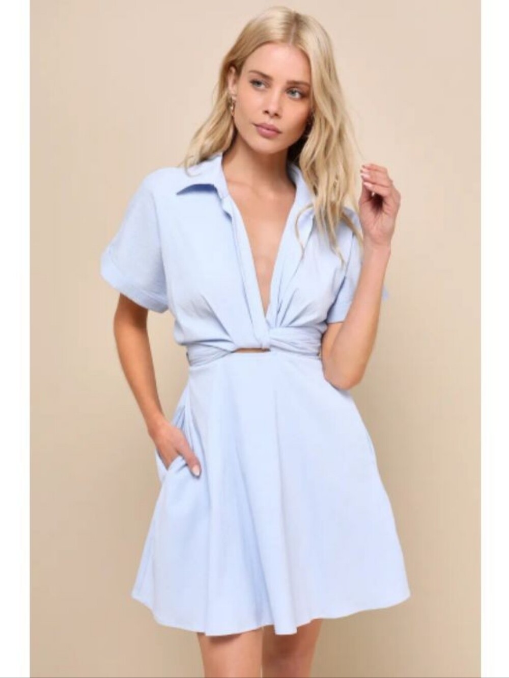 Breeze By Light Blue Tie-Back Mini Dress With Pockets